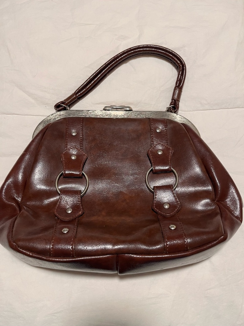 Vintage Brown Faux Leather Top-Handle Bag, Push-Lock Closure, Silver Details